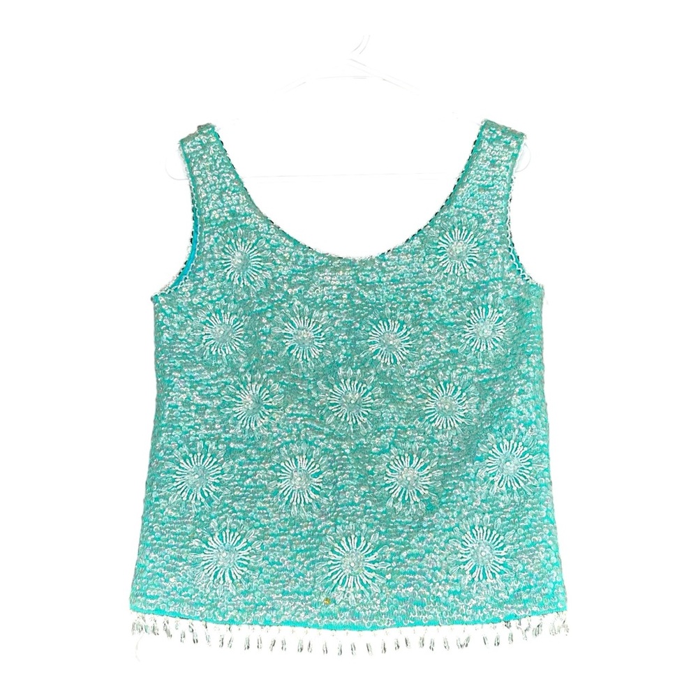 Creations by‎ Harilela’s Hand Beaded Lambs Wool Blue Tank Shell Vintage Sequined
